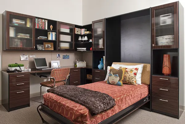 Murphy bed opened in organized office space
