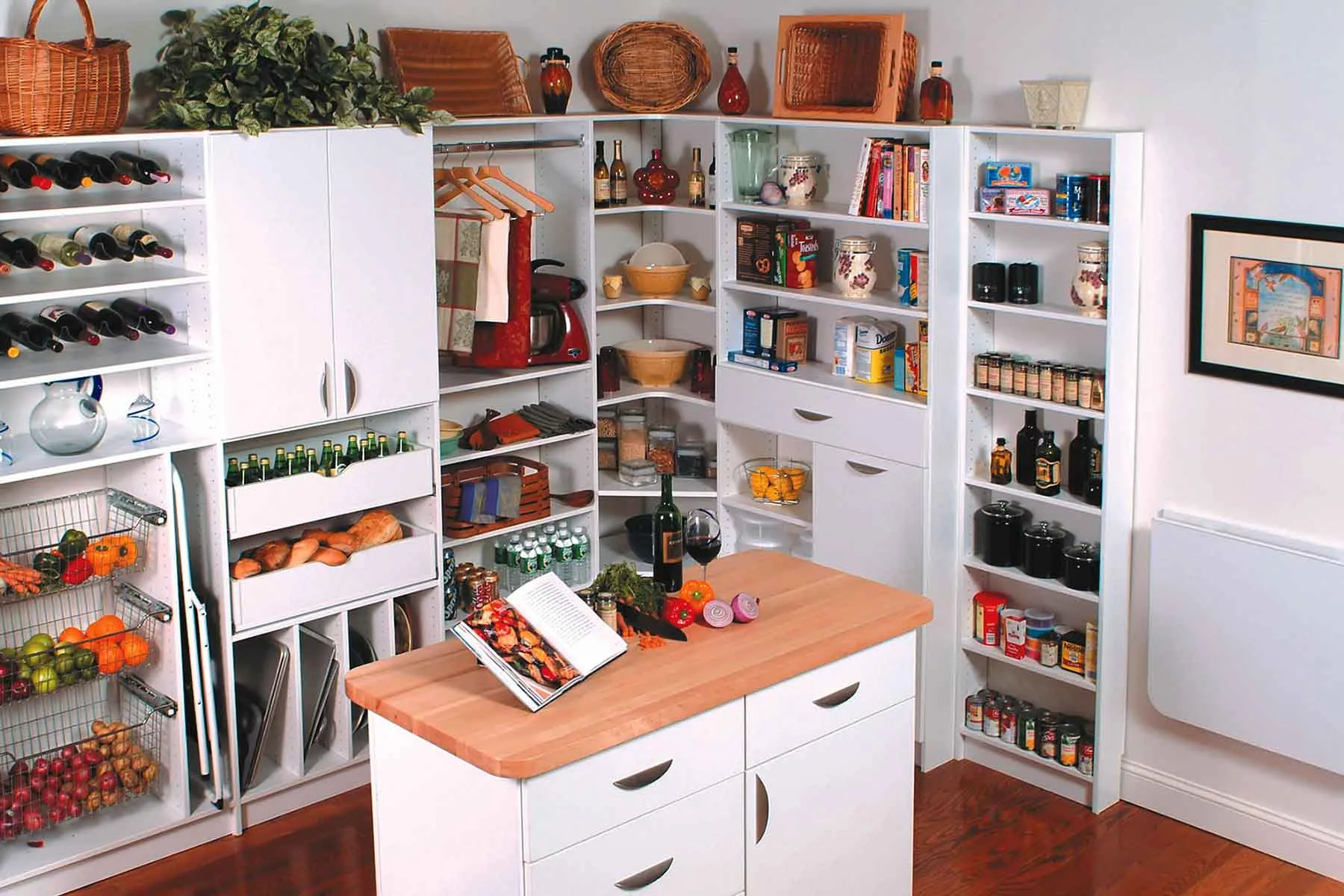 Organized walk-in pantry with center island