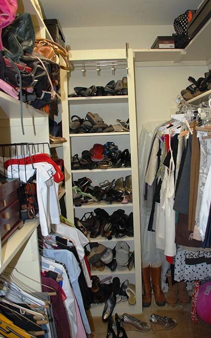 Before photo of messy closet and no shoe organization