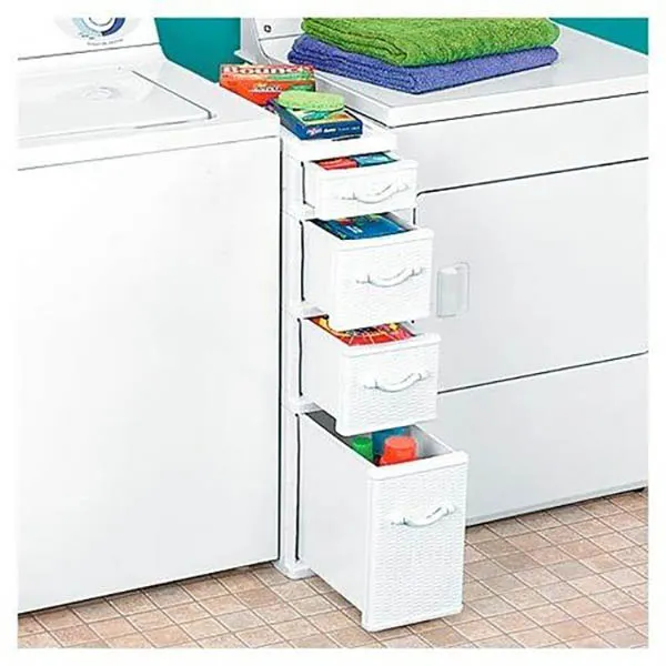 Small drawers organized with cleaning supplies in laundry room