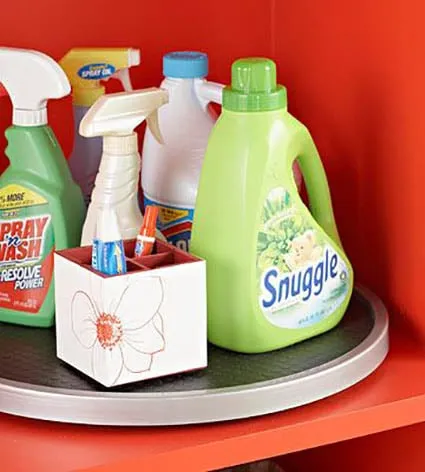 Laundry room lazy susan with cleaning supplies