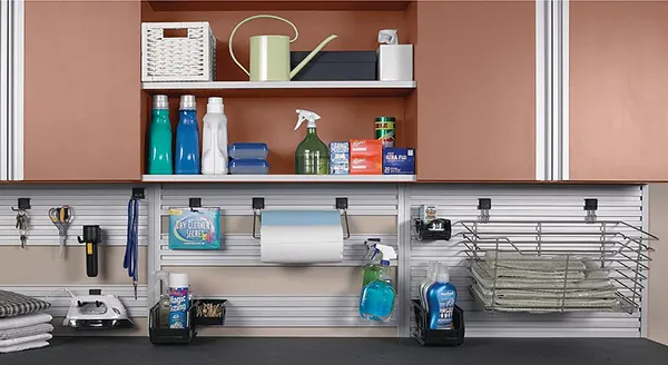 cleaning supplies on counter space in laundry room