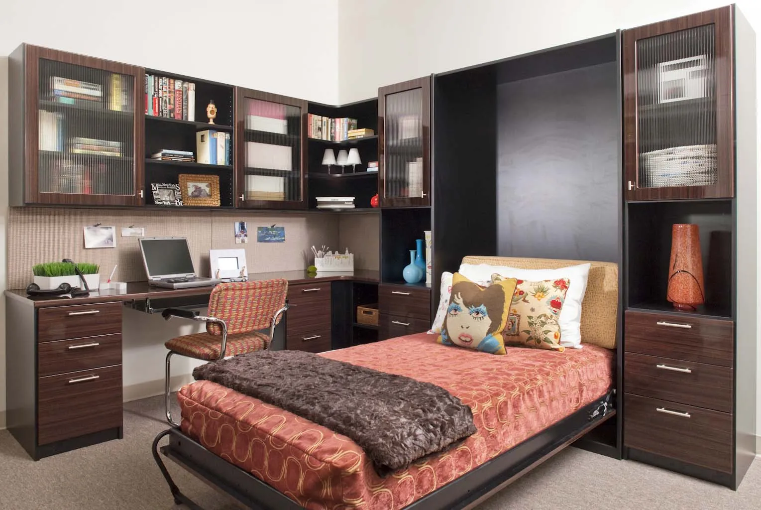 Space saving murphy bed open in dual use room