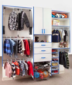 kids closet with adjustable shelving for organization