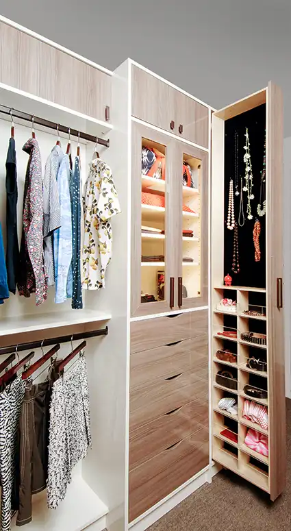 Full height vertical pull out walk-in closet idea