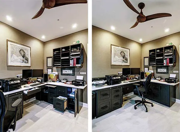 Black and white colored home office with recess lighting