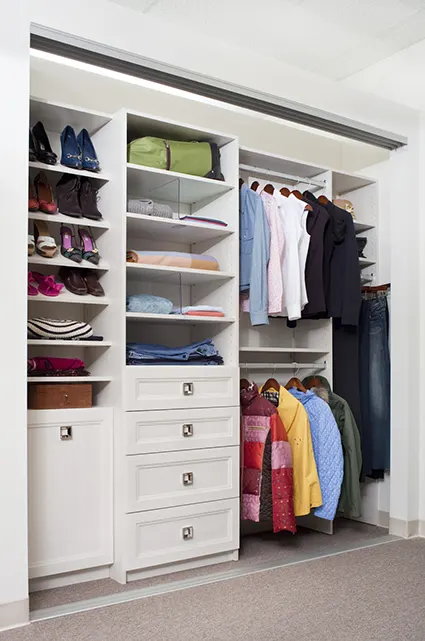 Reach in closet organizer with custom shoe shelves