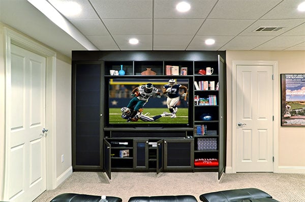 Media center with doors and cabinetry
