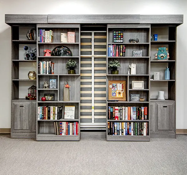 Sliding library cabinet unit with Murphy bed