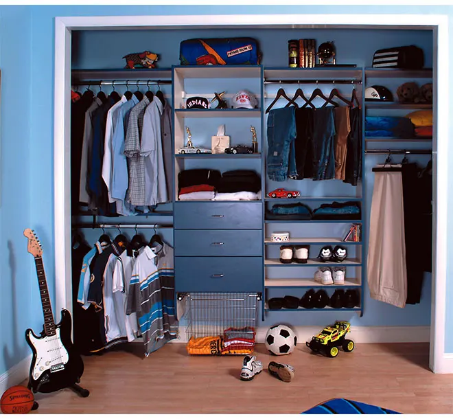 Boys reach in closet with shirts and slacks hung and organized