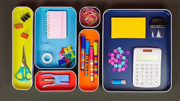 Group of childrens school supplies