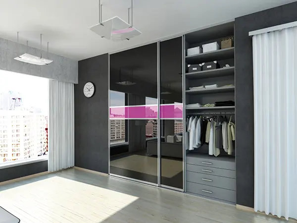 Sliding doors with magenta color stripe on mirrors