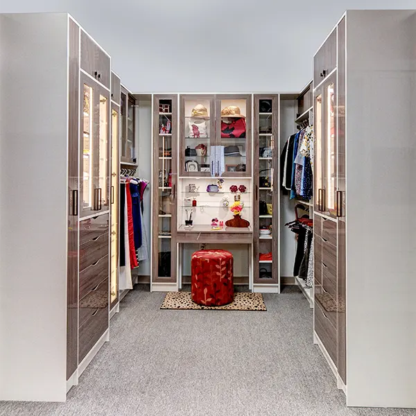 Walk-in closet finished with a high gloss wood