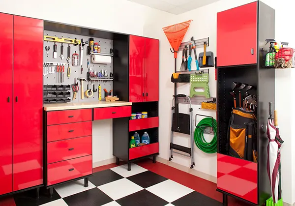 Garage cabinets organizing tools and golf clubs with wall system and vertical slider