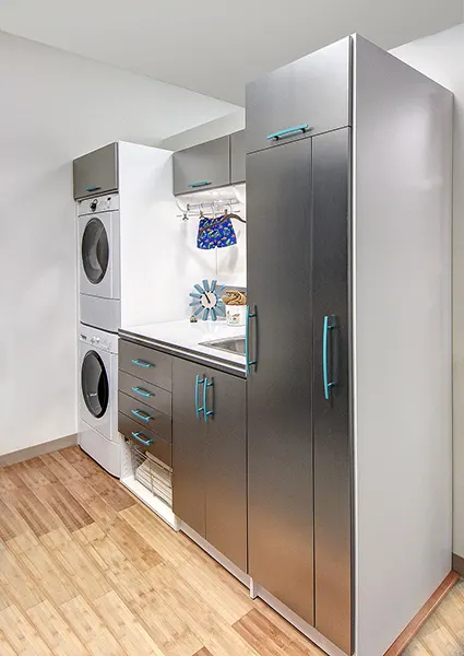 Laundry room with functional storage and silver finish