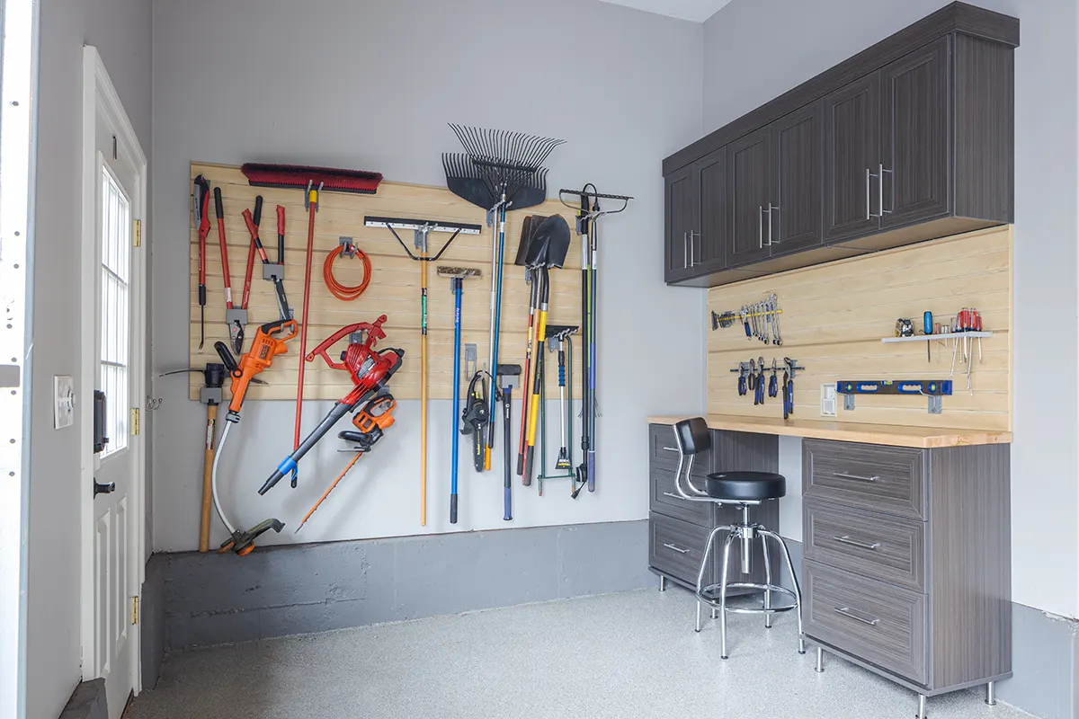 Garage organization system with butcher block counterspace area