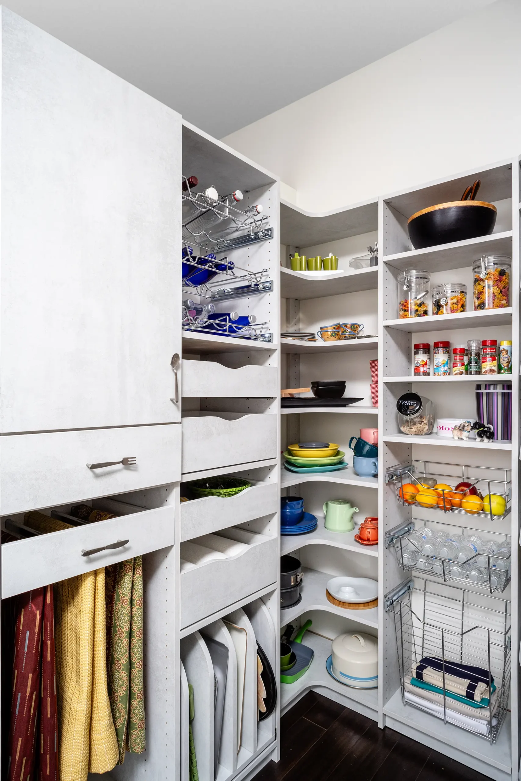 Slide out vertical drawers in kitchen pantry